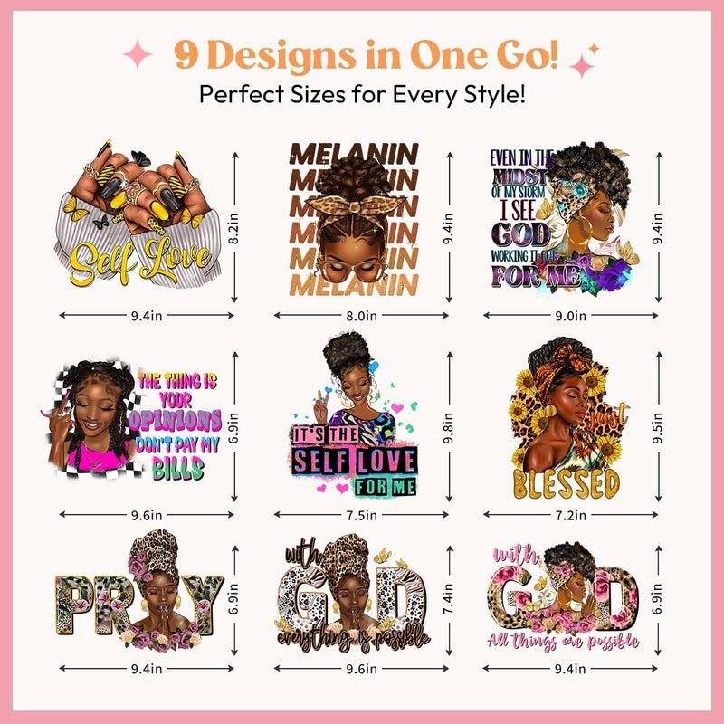 Kaciola Black Girl DTF Transfers Ready to Press, 9 Sheets Black Women Iron on Transfers Washable Stickers Iron on Decals for T Shirts Hoodie DIY Crafts - Image 2